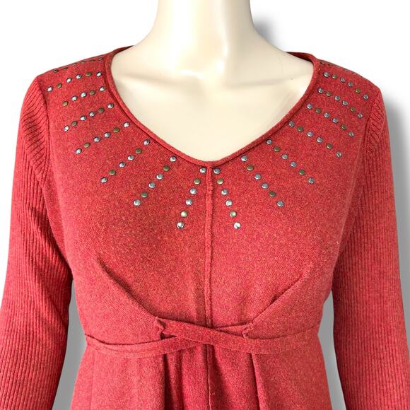 One World Womens Tunic Sweater Pullover Asymmetrical Studded Burnt Orange Medium - Picture 2 of 11